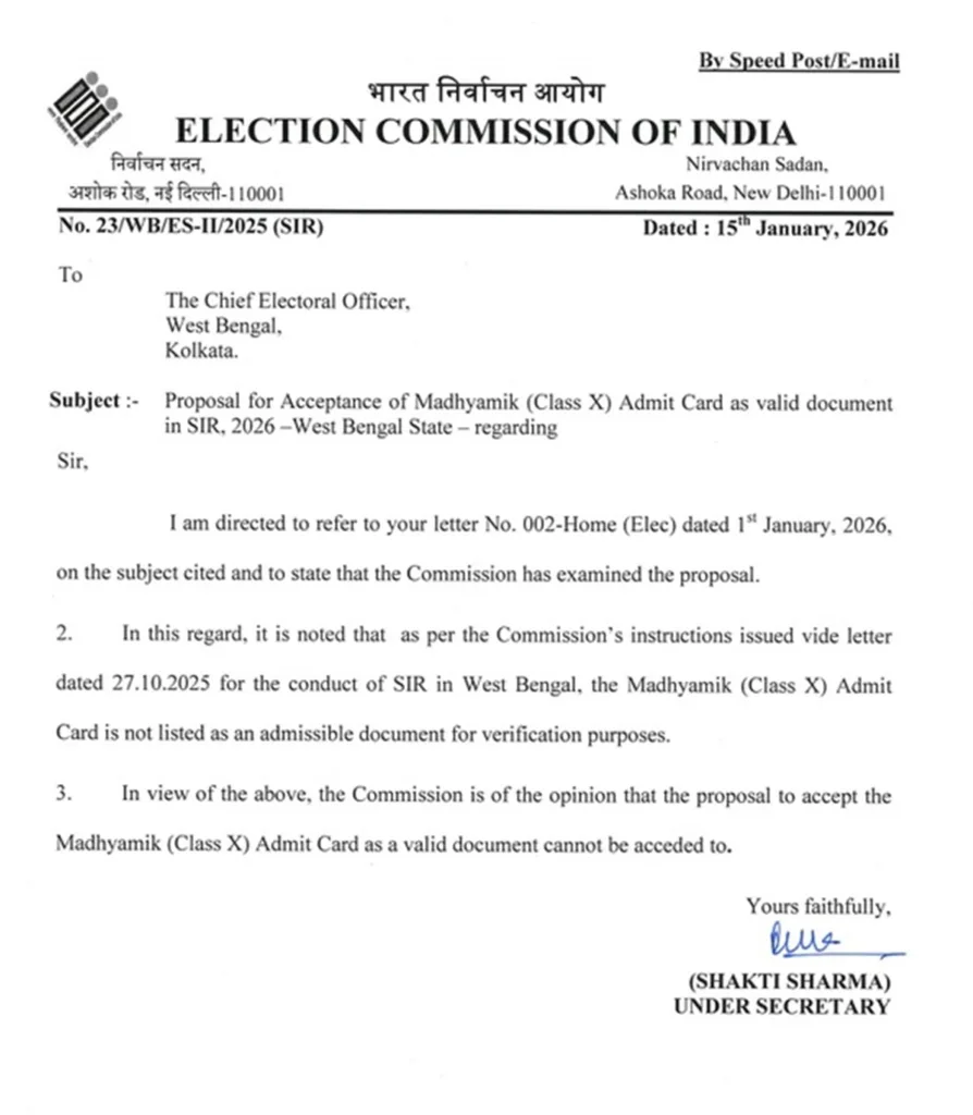 SIR Hearing-এ নথি হিসেবে মাধ্যমিকের অ্যাডমিট কার্ডে 'না', নির্বাচন কমিশনের নতুন নির্দেশে বিতর্ক 1 SIR Hearing