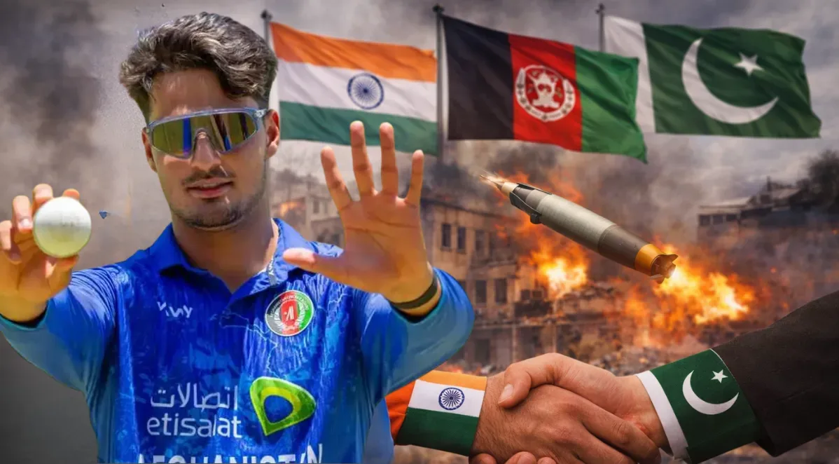 Afghanistan vs Pakistan War Cricket player with national flags backdrop