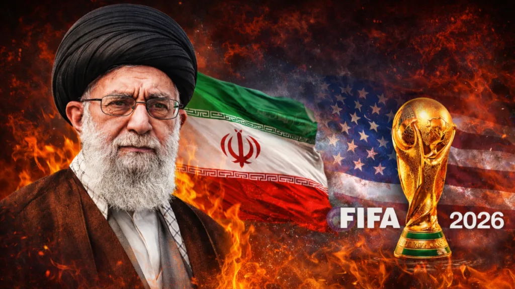 FIFA World Cup Iran flag, USA flag, FIFA trophy