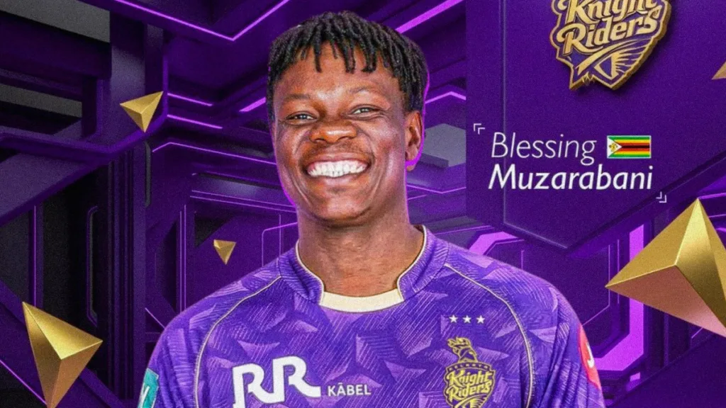 Blessing Muzarabani: KKR-এর সঙ্গে ঝামেলা? নাইট রাইডার্সের প্লেয়ারের বিরুদ্ধে আদালতে যাচ্ছে পাকিস্তান 1 Cricketer in purple team jersey. blessing muzarabani