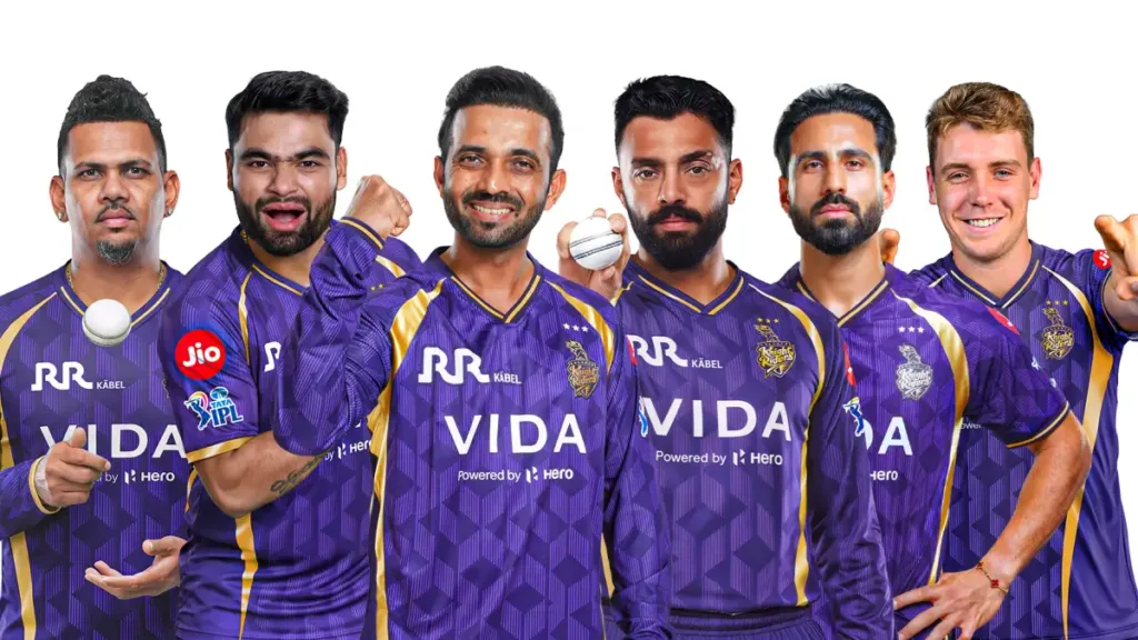 Cricket players in purple jerseys. KKR New Jersey