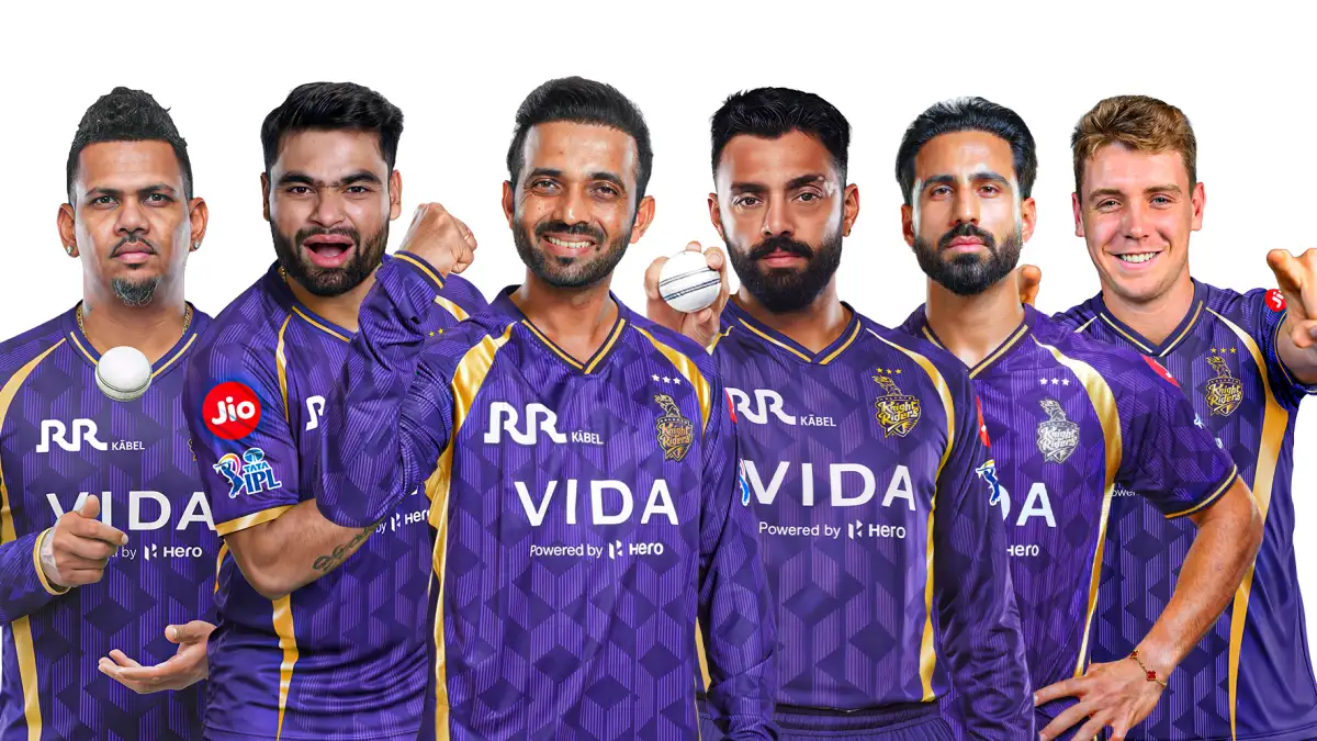 Cricket players in purple jerseys. KKR New Jersey