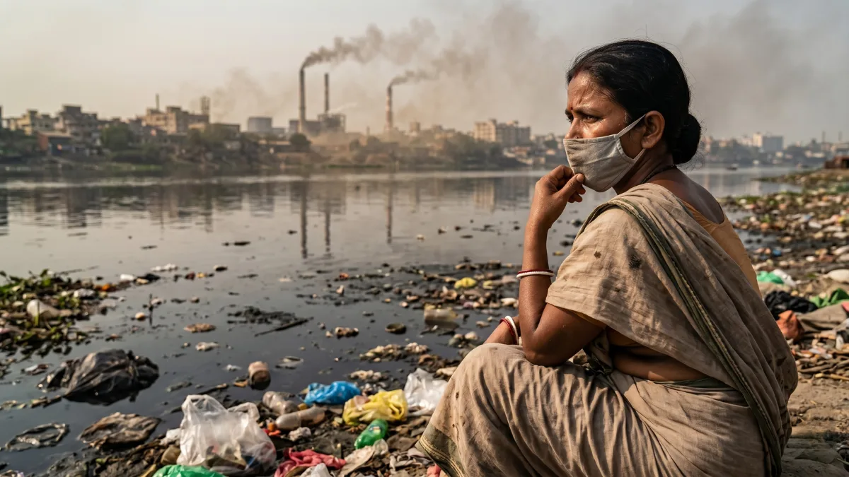Woman by polluted river, industrial smoke. Pollution and Health Impacts