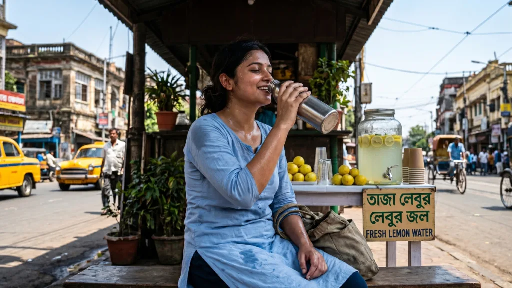 Woman enjoying lemonade on street Summer Health Care Guide