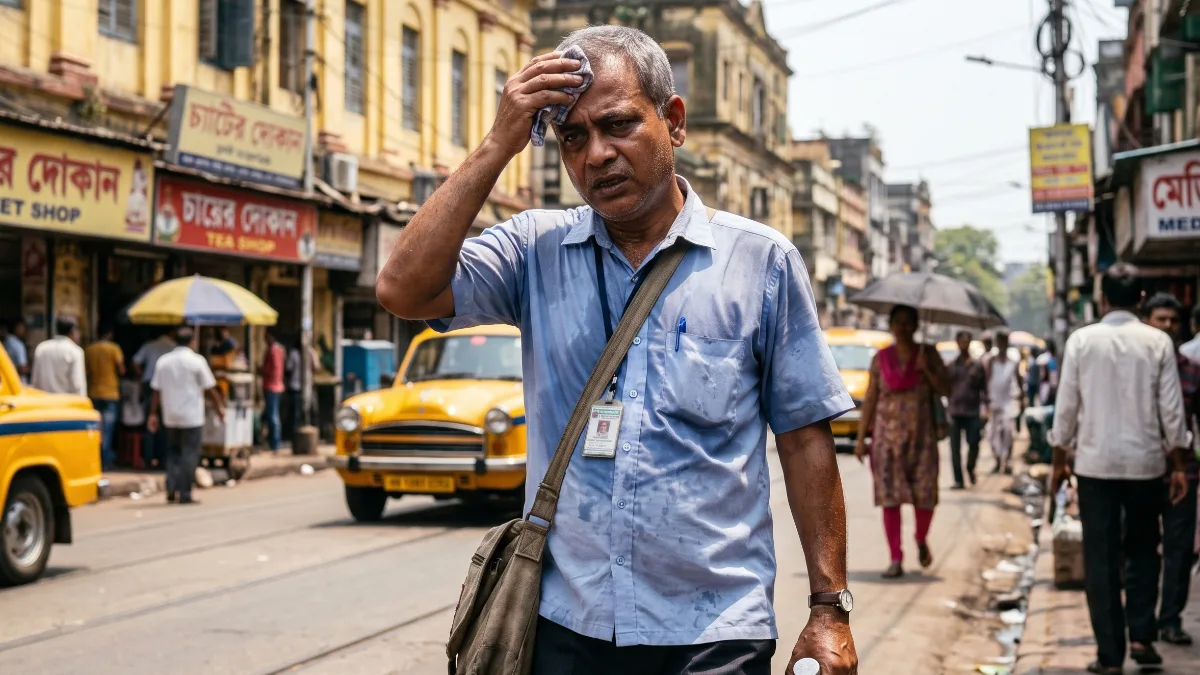 Man sweating in busy street Summer Health Care Guide