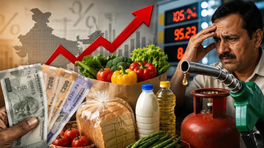 India Inflation 2026 Illustration depicting rising inflation in India, showing increasing prices of essential commodities such as vegetables, milk, bread, cooking oil, fuel, and LPG gas. A worried middle-class man stands beside grocery items and fuel equipment, with an upward-trending graph symbolizing the growing cost of living, economic pressure, and reduced purchasing power.