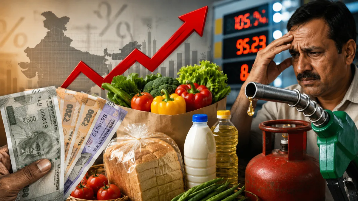 India Inflation 2026 Illustration depicting rising inflation in India, showing increasing prices of essential commodities such as vegetables, milk, bread, cooking oil, fuel, and LPG gas. A worried middle-class man stands beside grocery items and fuel equipment, with an upward-trending graph symbolizing the growing cost of living, economic pressure, and reduced purchasing power.